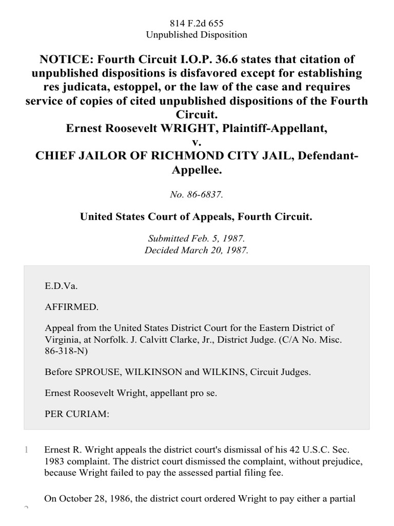 Ernest Roosevelt Wright v. Chief Jailor of Richmond City Jail, 814 F.2d