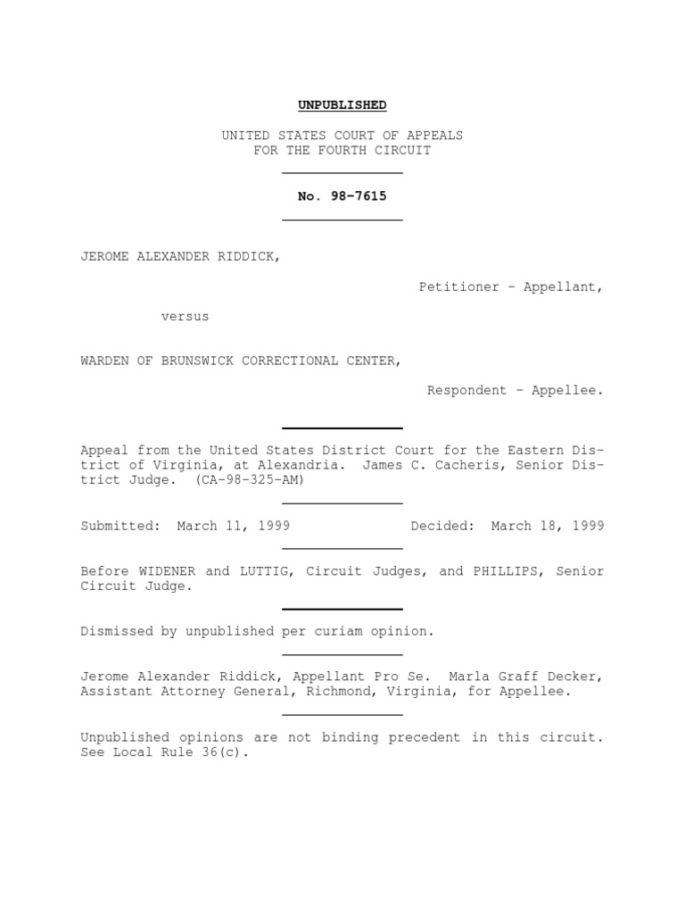 Riddick v. Warden of Brunswick, 4th Cir. (1999) | PDF