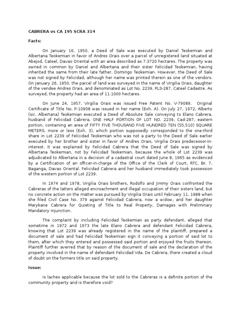 CABRERA Vs CA 195 SCRA 314 Toni PDF Laches (Equity) Common Law