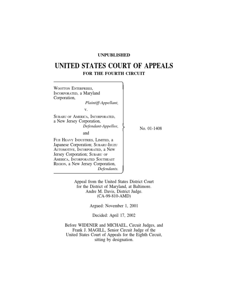 Wootton Enterprises v. Subaru of America, 4th Cir. (2002) PDF