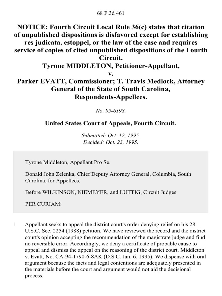 Tyrone middleton v parker evatt commissioner t travis medlock