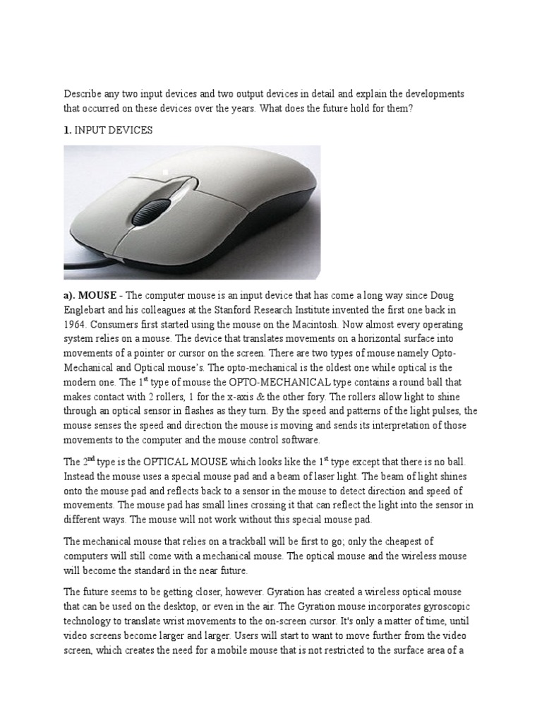 Describe any two input devices and two output devices in detail and ...