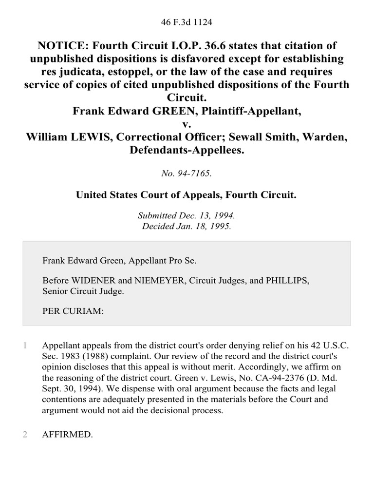 Frank Edward Green v. William Lewis, Correctional Officer Sewall Smith, Warden, 46 F.3d 1124
