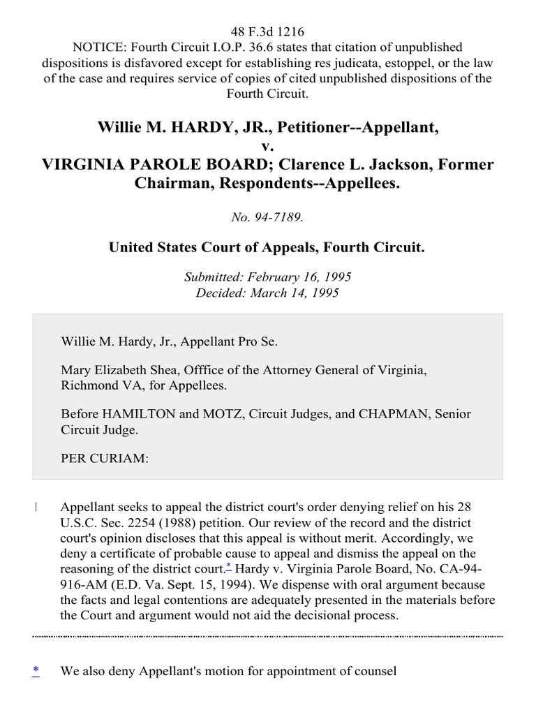 Willie m hardy jr v virginia parole board clarence l jackson