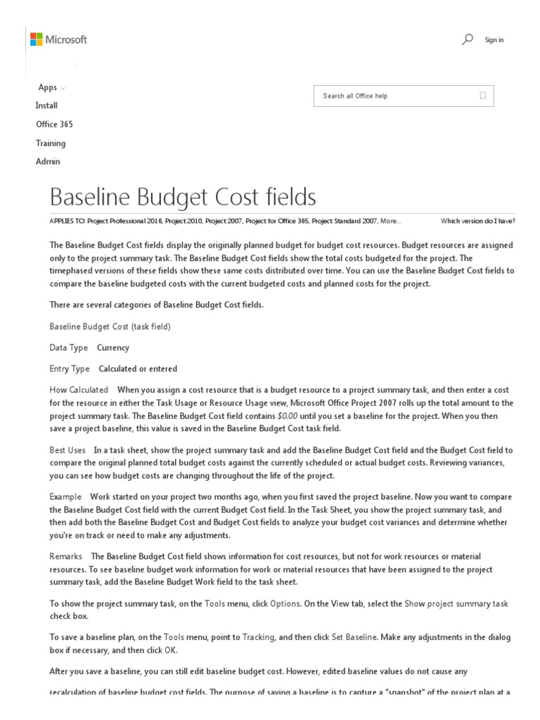 Baseline Budget Cost Fields - Project | PDF | Business | Finance ...
