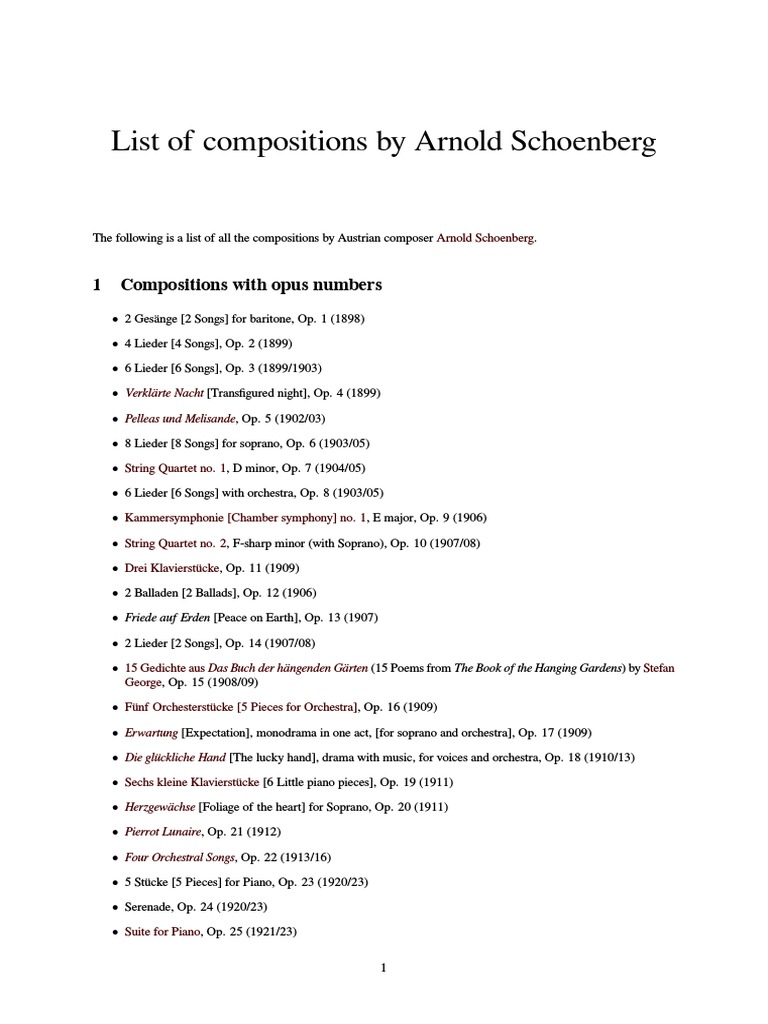 List of Compositions by Arnold Schoenberg Wiki Concerto Chamber Music