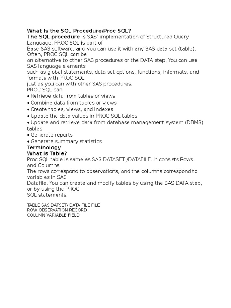 Understanding PROC SQL in SAS | PDF | Computers