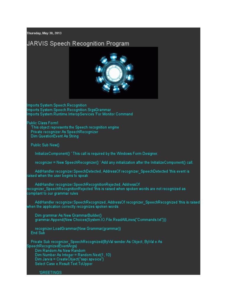 JARVIS Speech Recognition Program: Thursday, May 30, 2013 | PDF ...