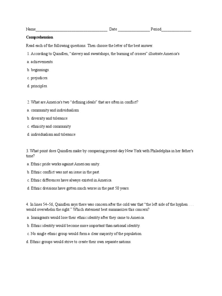 Quilt Of A Country Comprehension Docx Assessment PDF