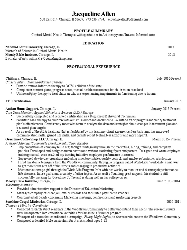 Jacqueline White Resume And Cover Letter 2016 Childserv Art Therapy Psychotherapy