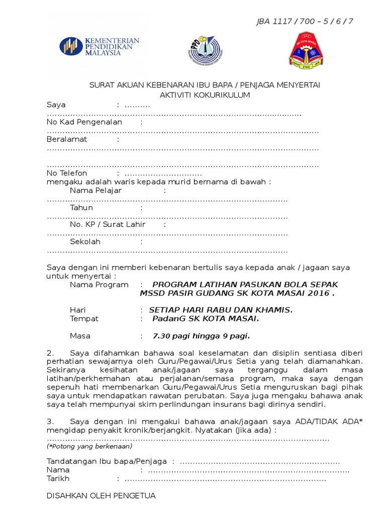 Surat Kebenaran Ibu Bapa Menyertai Persatuan