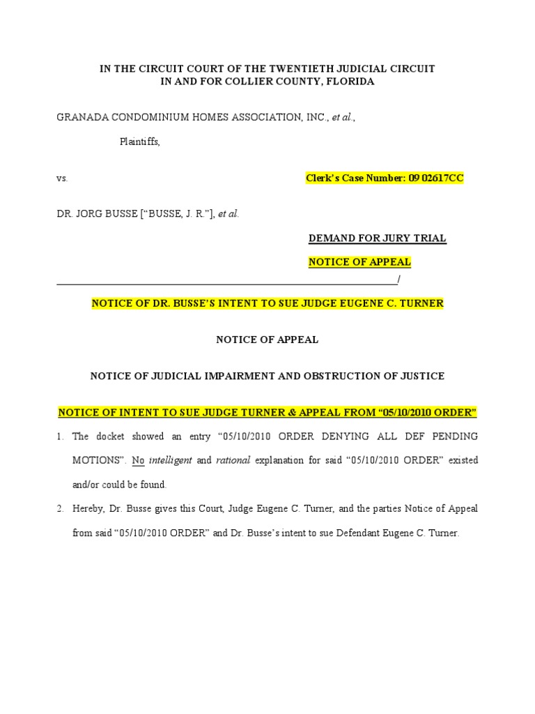 Notice of Intent to Sue Judge Eugene C. Turner Fraud Complaint
