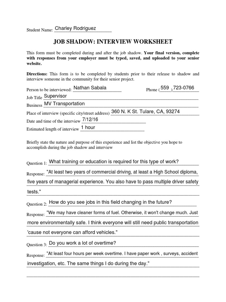 Job Shadow Interview Worksheet Guide | PDF | Employment | Labor