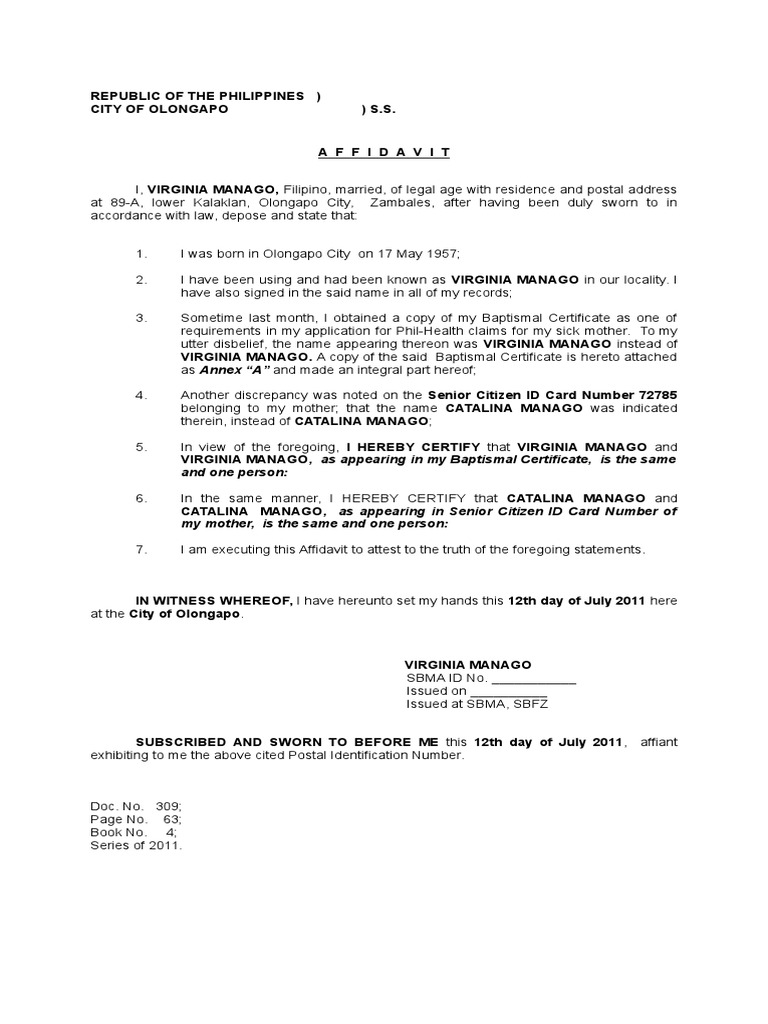 Affidavit Of Discrepancy In Certificate Of Live Birth