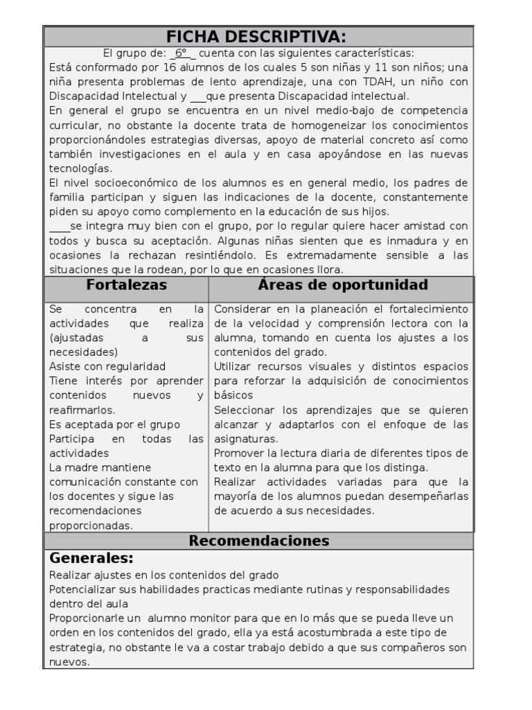Ficha Descriptiva de Alumnos de 6° Grado | PDF | Discapacidad