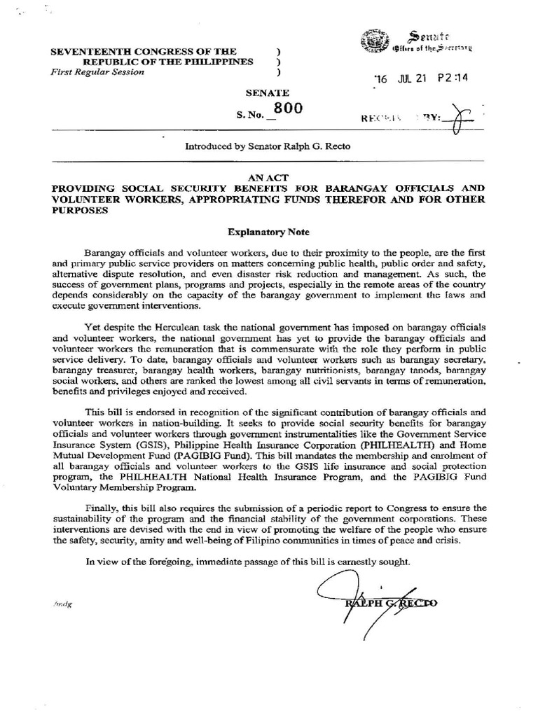 SBN800 Barangay Officials and Volunteer Workers' Social Security