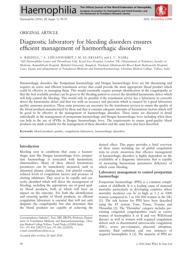 Diagnostic Laboratory for Bleeding Disorders Bleeding Coagulation