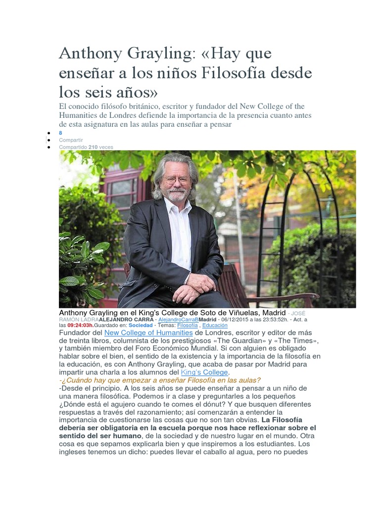 Art. Anthony Grayling. La Filosofía en La Escuela