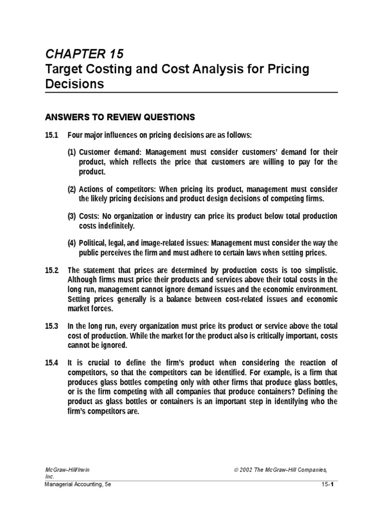 Target Costing and Cost Analysis For Pricing Decisions: Answers To ...