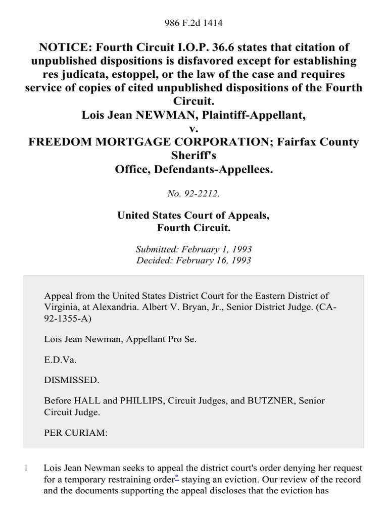 Lois Jean Newman v. Freedom Mortgage Corporation Fairfax County Sheriff's Office, 986 F.2d 1414
