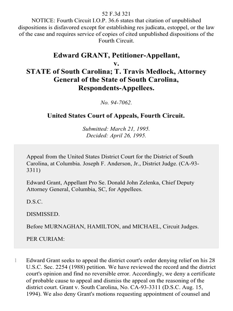 Edward Grant v. South Carolina Appeal Dismissed | PDF | Law