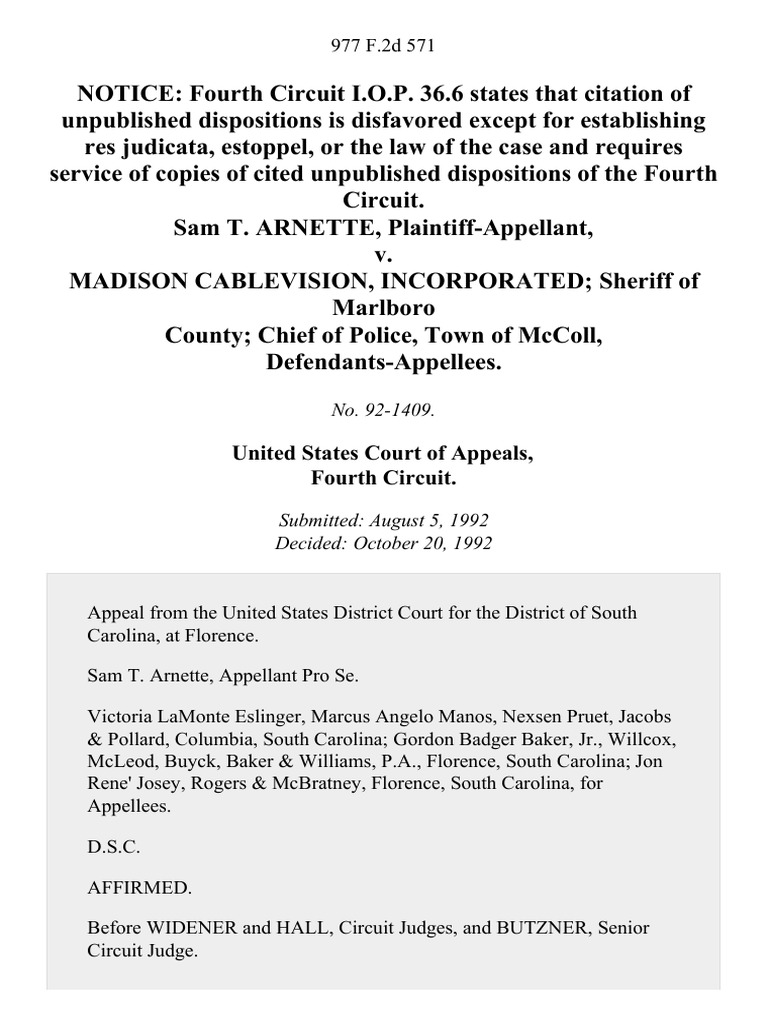 Sam T. Arnette v. Madison Cablevision, Incorporated Sheriff of Marlboro ...