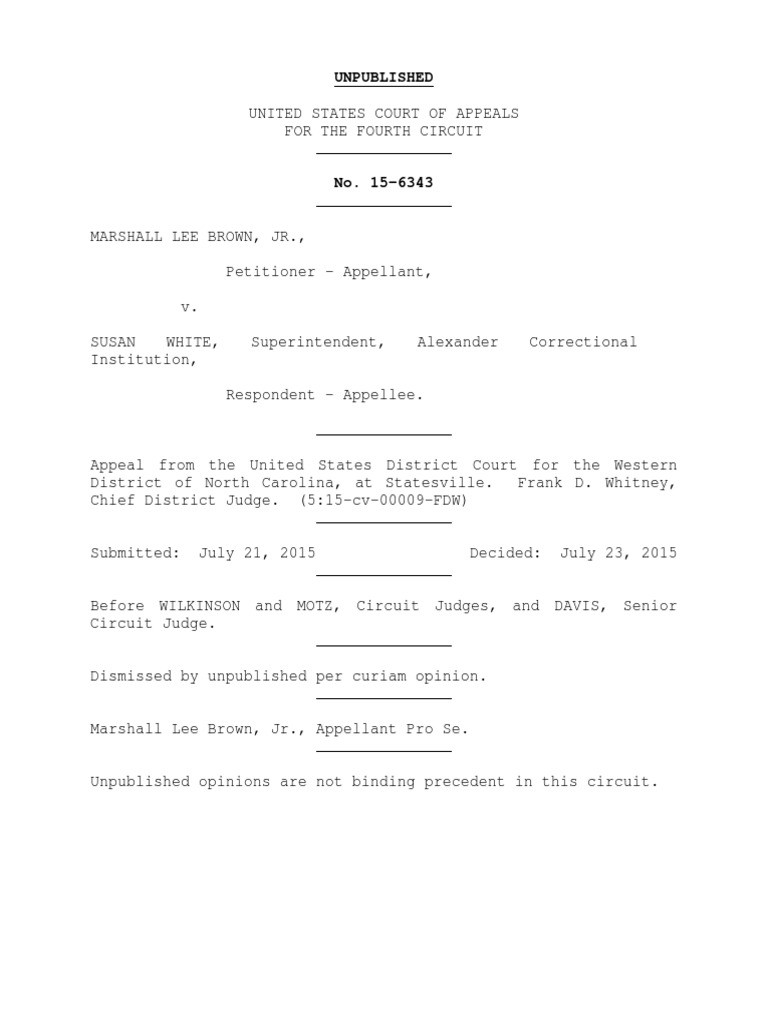 Marshall Lee Brown, Jr. v. Susan White, 4th Cir. (2015)