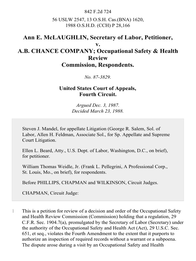 Ann E. McLaughlin Secretary of Labor v. A.B. Chance Company Occupational Safety & Health Review