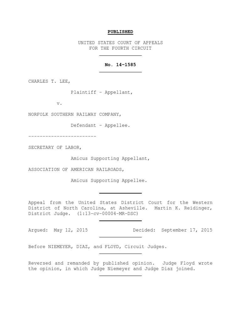 Lee v. Norfolk Southern Appeal Summary PDF Whistleblower Lawsuit