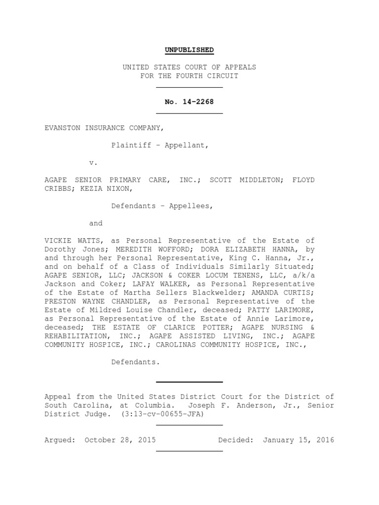 Evanston Insurance Company v. Agape Senior Primary Care, Inc, 4th Cir