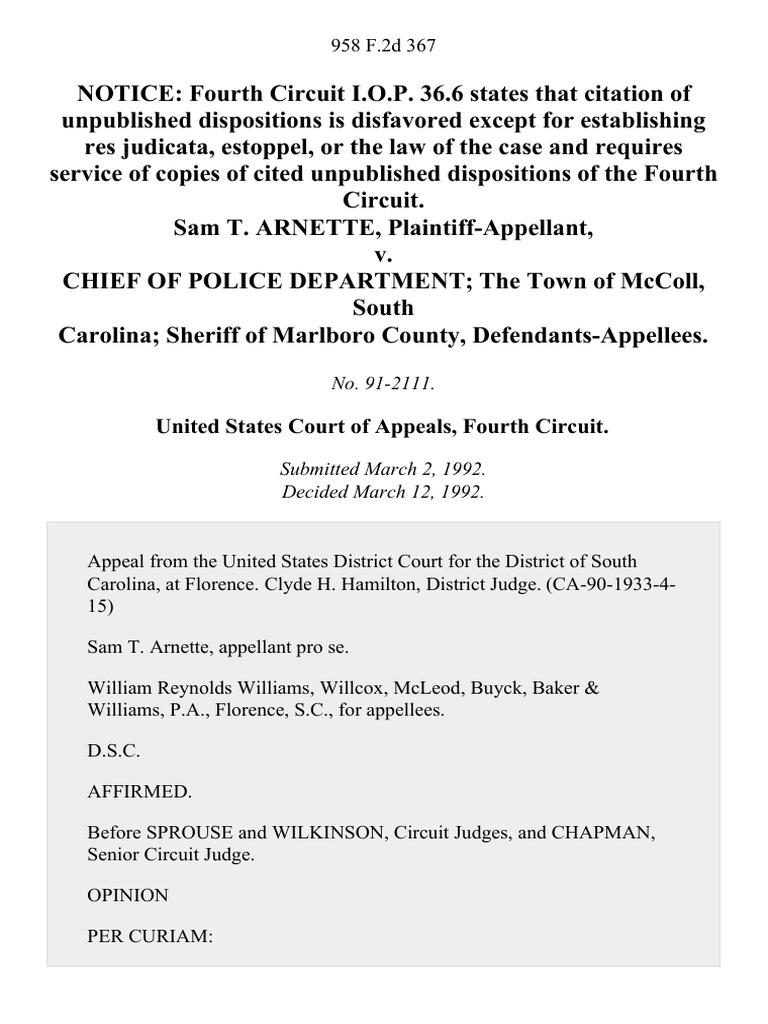 Sam T. Arnette v. Chief of Police Department The Town of McColl South ...