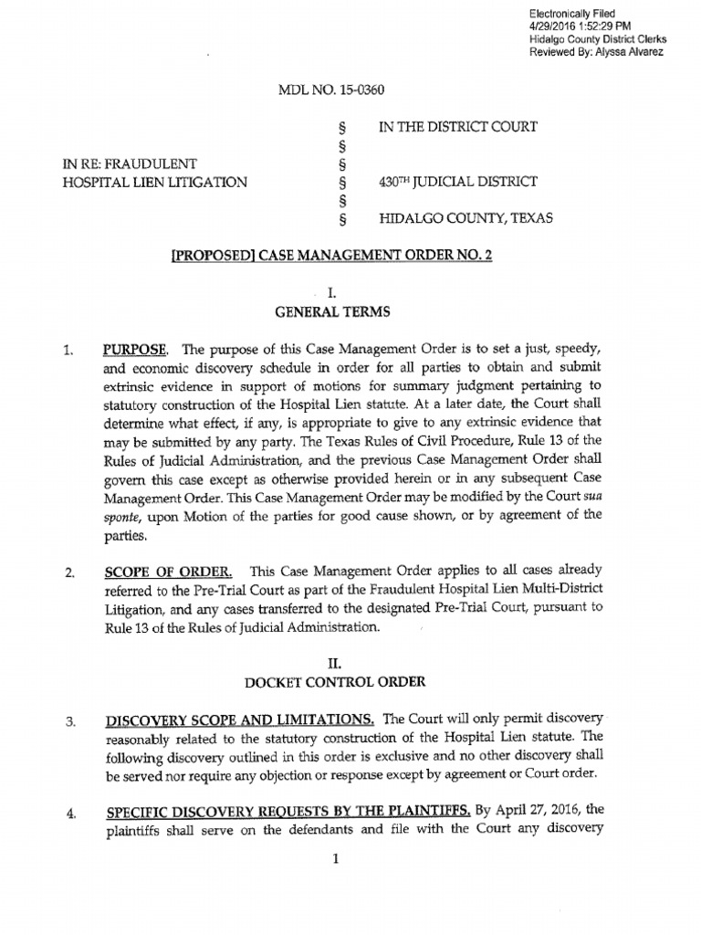Proposed Case Management Order No. 2 Discovery (Law) Summary Judgment