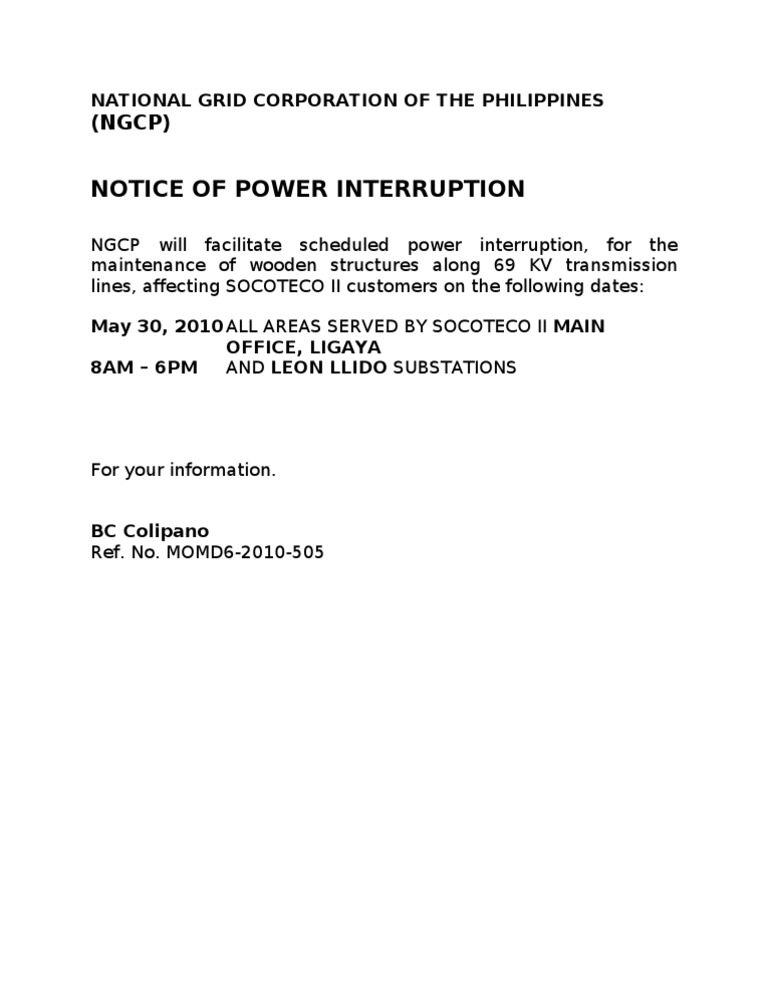 SOCOTECO II Scheduled Power Interruption | PDF