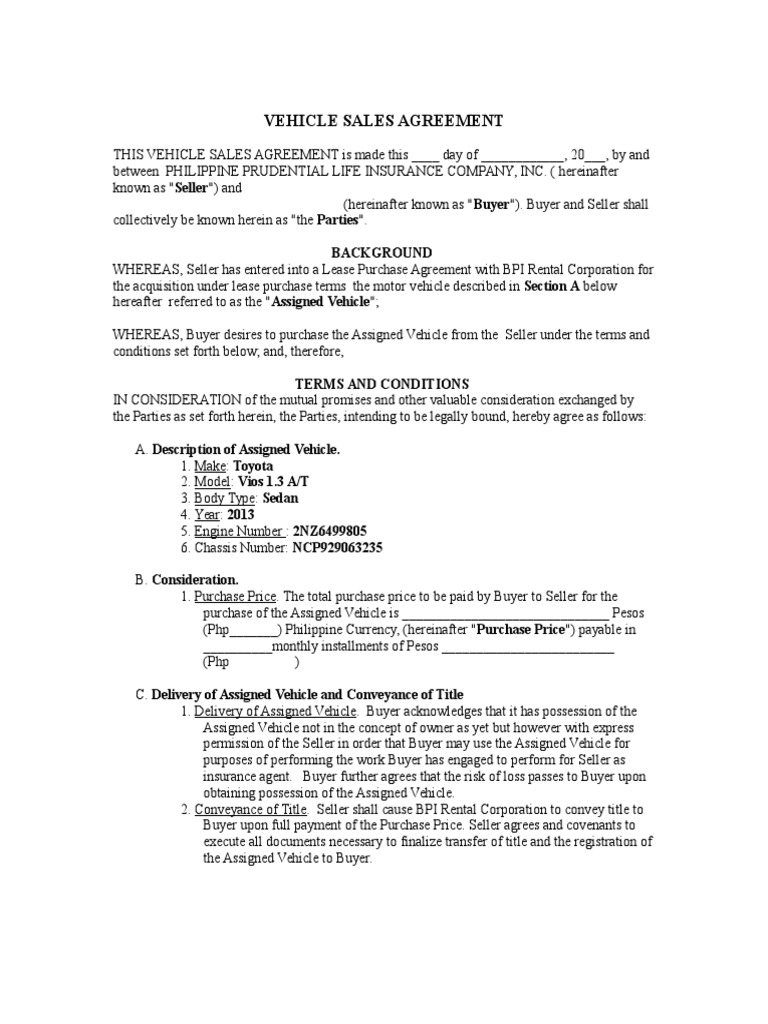 VEHICLE SALES AGREEMENT.doc Breach Of Contract Civil Law (Legal System)