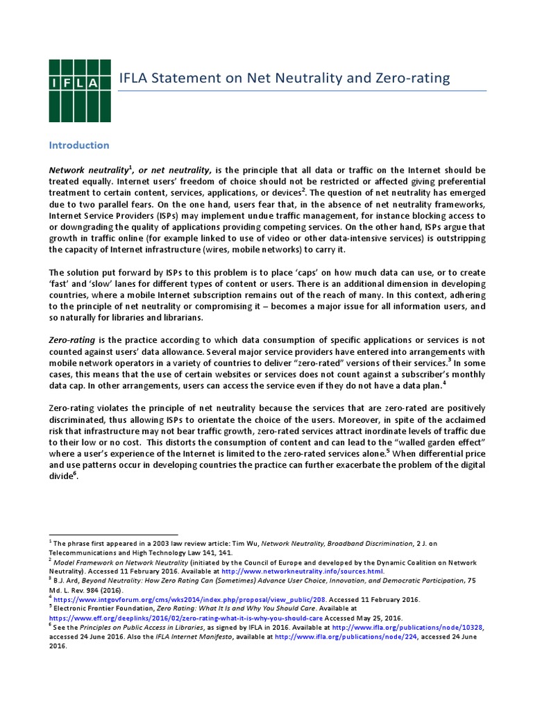 IFLA Statement On Net Neutrality and Zero Rating PDF Net Neutrality