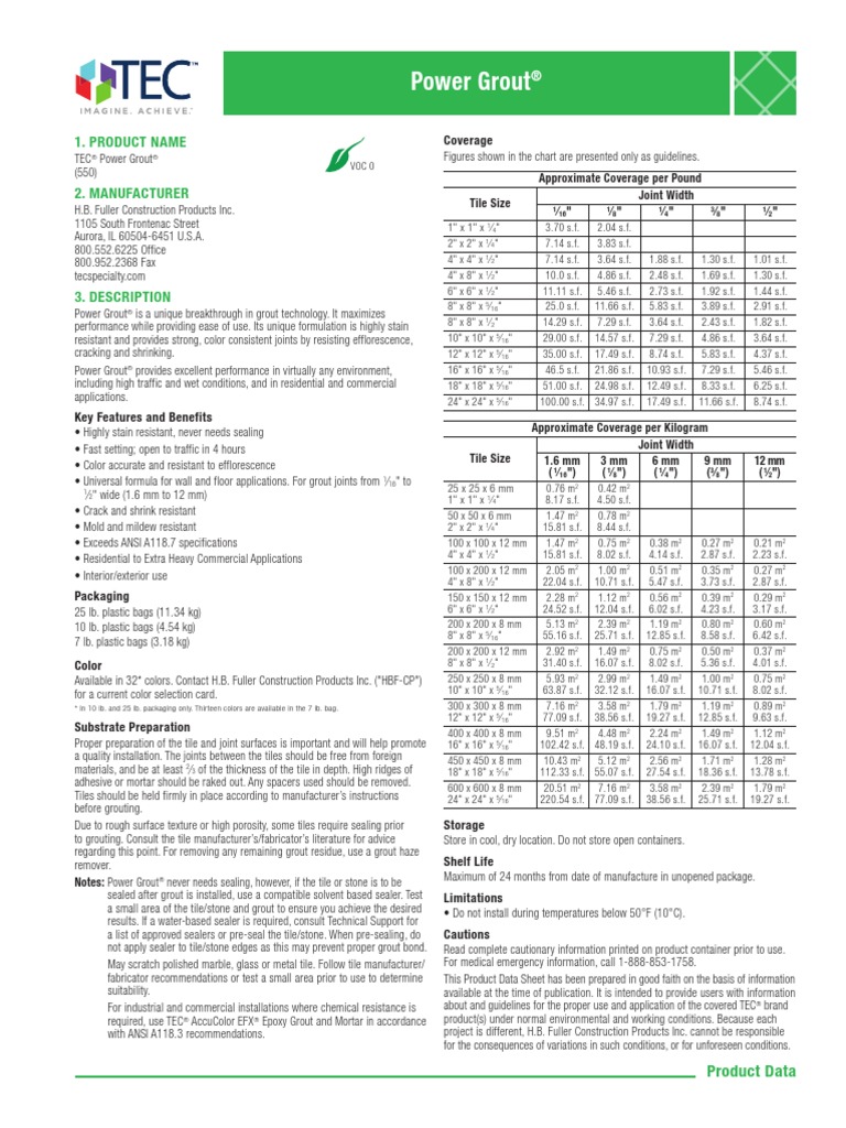 TEC TA550 Power Grout Spec Sheet Tile Adhesive