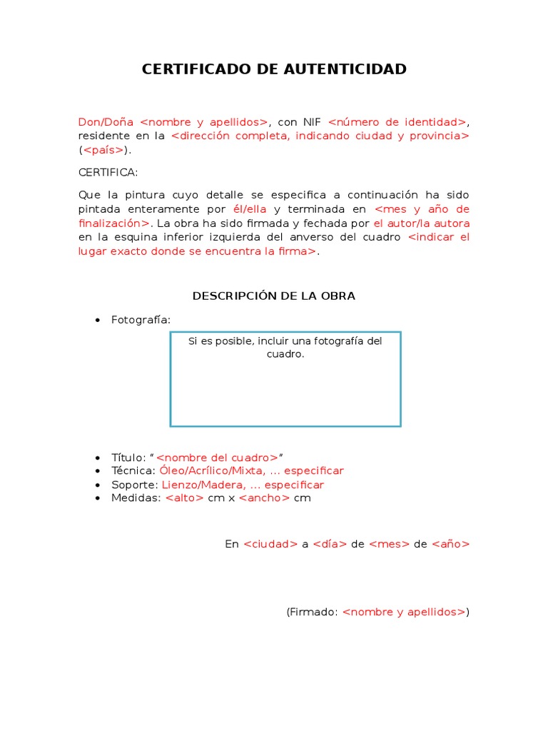 Formato para Certificado de Autenticidad Obra de Arte