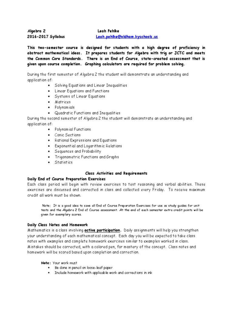 Algebra 2 Course Syllabus 2016-2017 | PDF | Algebra | Polynomial