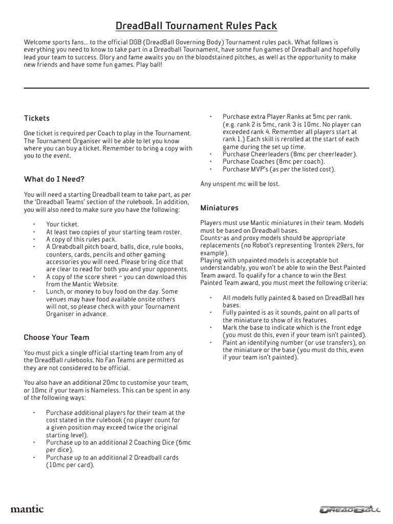 DreadBall Tournament Rules Guide | PDF | Sports | Leisure