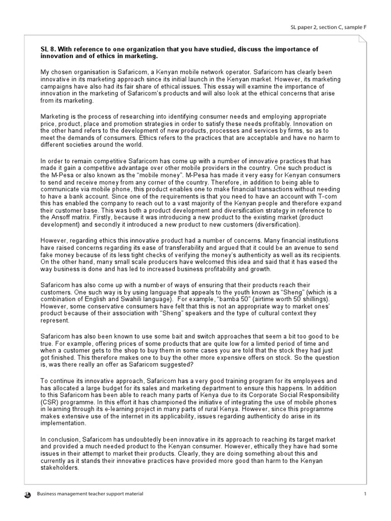 IB Business Management Section C Sample Marketing Innovation