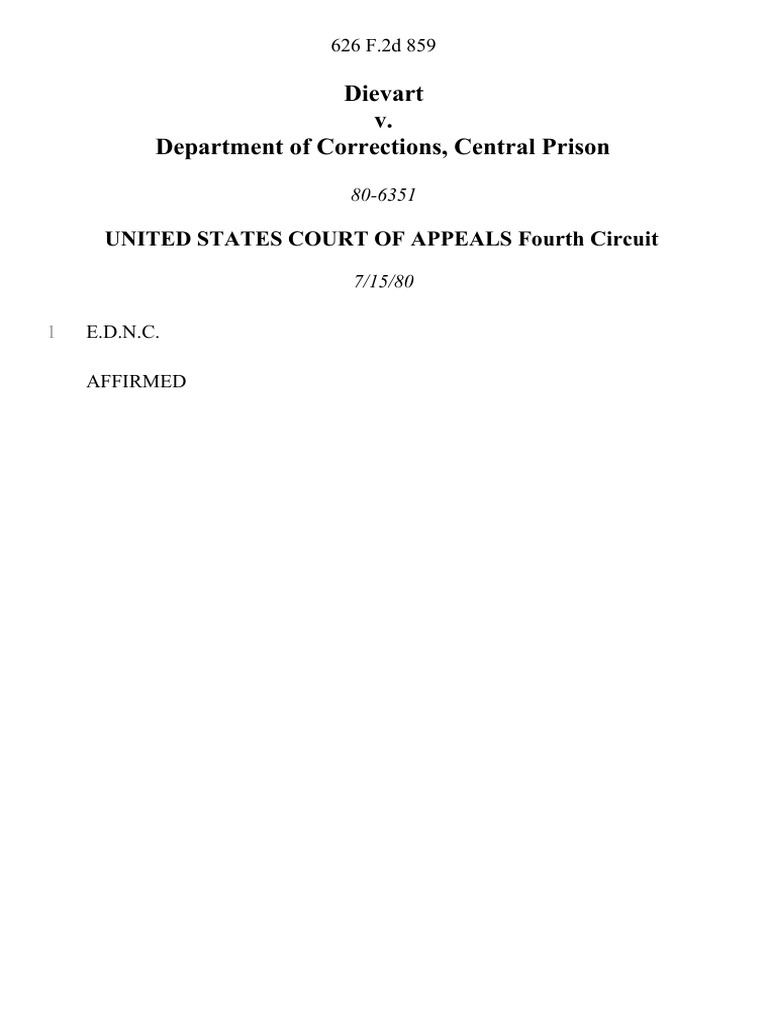 Dievart v. Department of Corrections, Central Prison, 626 F.2d 859, 4th ...