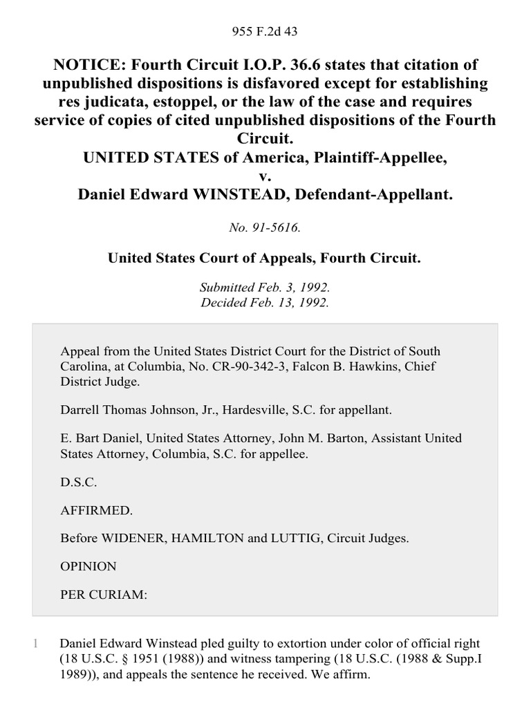 Winstead v. United States Appeal Affirmed | PDF | Plea | Plea Bargain
