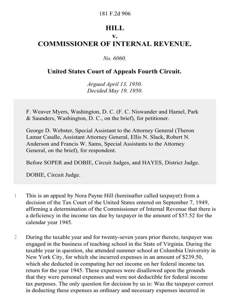 Hill v. Commissioner of Internal Revenue, 181 F.2d 906, 4th Cir. (1950