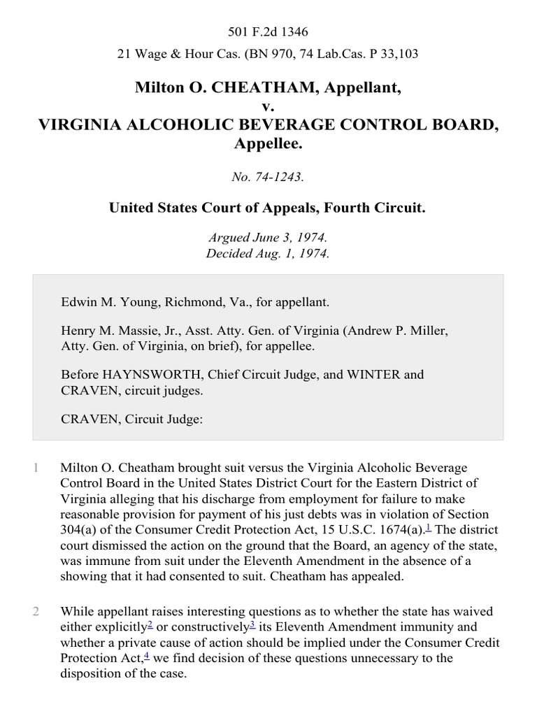 Milton O. Cheatham v. Virginia Alcoholic Beverage Control Board, 501 F.2d 1346, 4th Cir. (1974