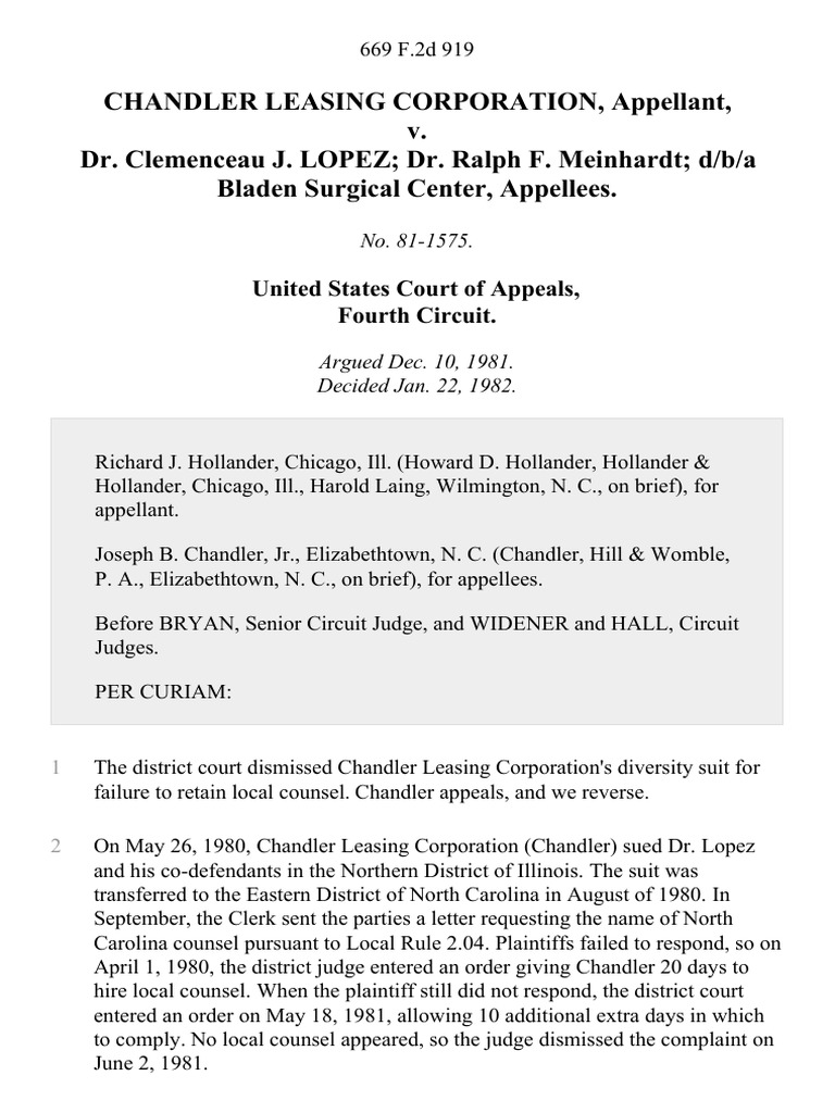 Chandler Leasing Corporation v. Dr. Clemenceau J. Lopez Dr. Ralph F ...