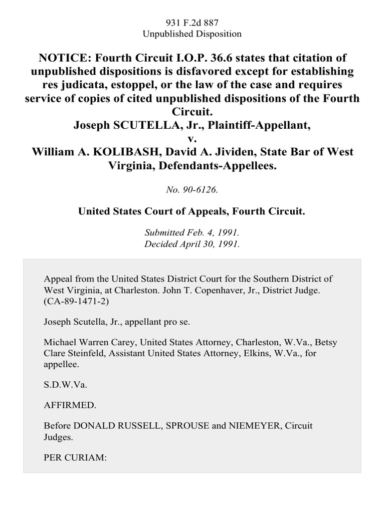 Joseph Scutella, Jr. v. William A. Kolibash, David A. Jividen, State