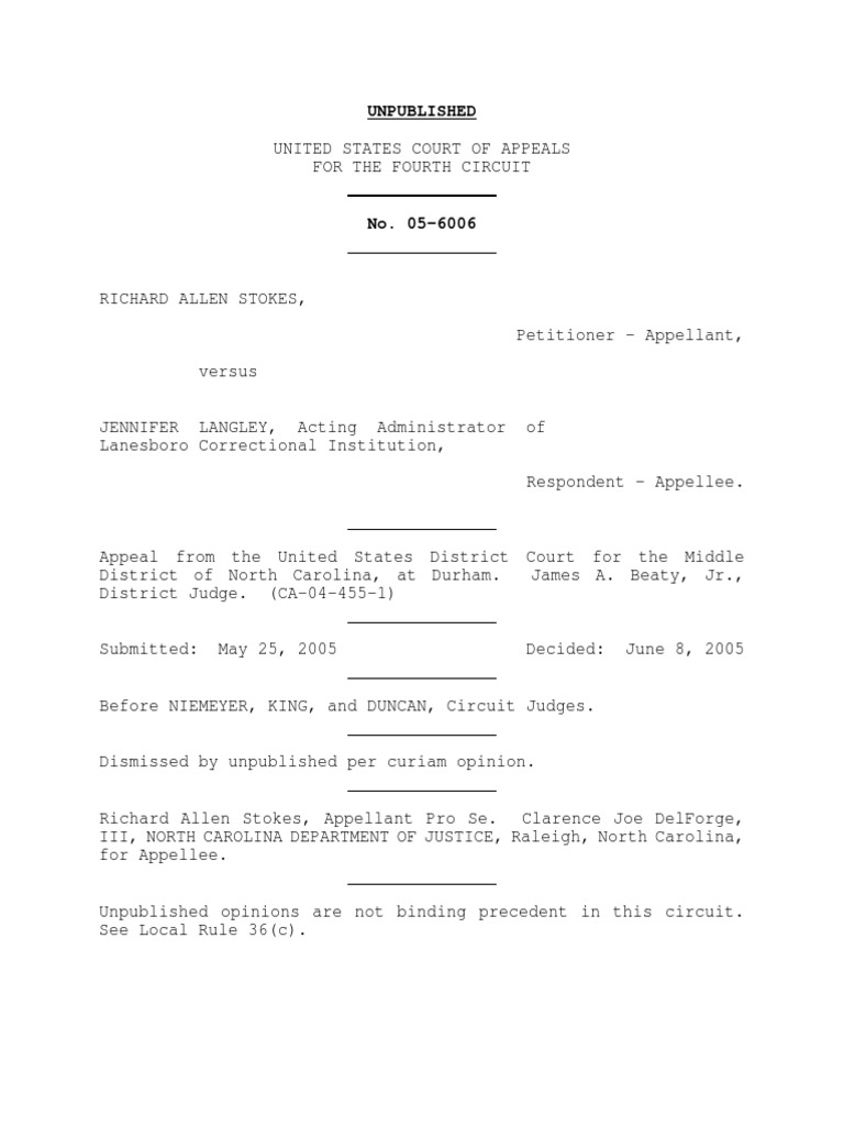 Stokes v. Langley, 4th Cir. (2005) PDF