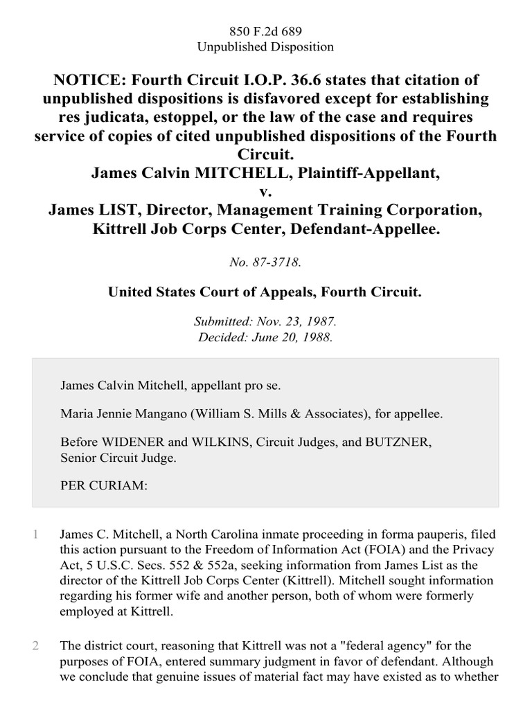 James Calvin Mitchell V James List Director Management Training Corporation Kittrell Job Corps Center 850 F 2d 6 4th Cir 19 Freedom Of Information Act United States Summary Judgment