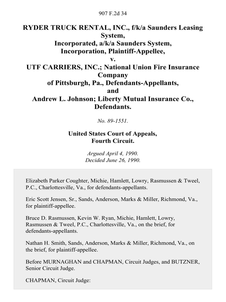 Ryder Truck Rental, Inc., F/k/a Saunders Leasing System, Incorporated