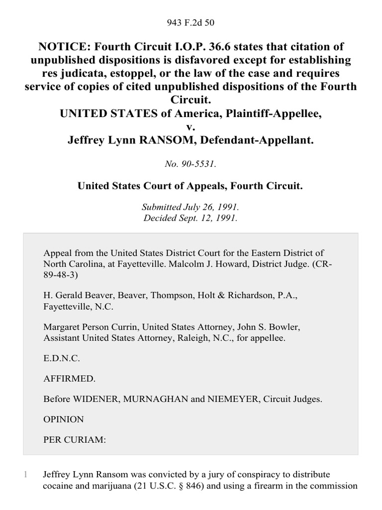 United States v. Jeffrey Lynn Ransom, 943 F.2d 50, 4th Cir. (1991 ...
